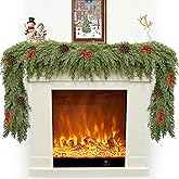 Christmas Cedar Garland for Mantle, Realistic Greenery Garland, Thickness Artificial Pine Garlands for Christmas Mantel Table Outdoor Indoor Xmas Holiday Seasonal Decor(6FT Red Berries, Pine Cones)