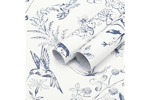 Safiyya 393"x17.3" Wallpaper Floral Birds Contact Paper Blue White Wallpaper Peel and Stick Modern Wallpaper Boho Removable Self-Adhesive Wallpaper Vinyl Rolls