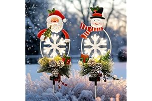 TISEJOY Solar Christmas Decorations Outdoor, Set of 2 Metal Santa and Snowman Solar Stake Lights,Christmas Lights Decor for Cemetery,Holiday,Yard,Lawn,Front Porch,Garden,Patio