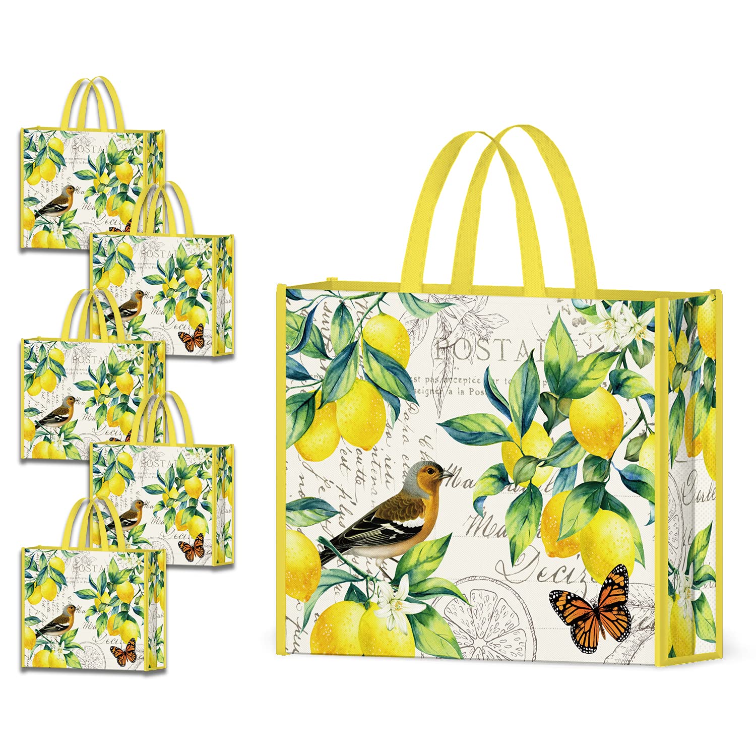 NymphFable 5 Pack Reusable Shopping Bags Lemons Bird Butterfly Washable Grocery Bags Fabric Tote Bag