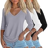 Ficerd 3 Pack Women's 3/4 Length Sleeve T Shirts, V Neck Tops Loose Fit Blouses Casual Tees 2026 Fashion Clothes