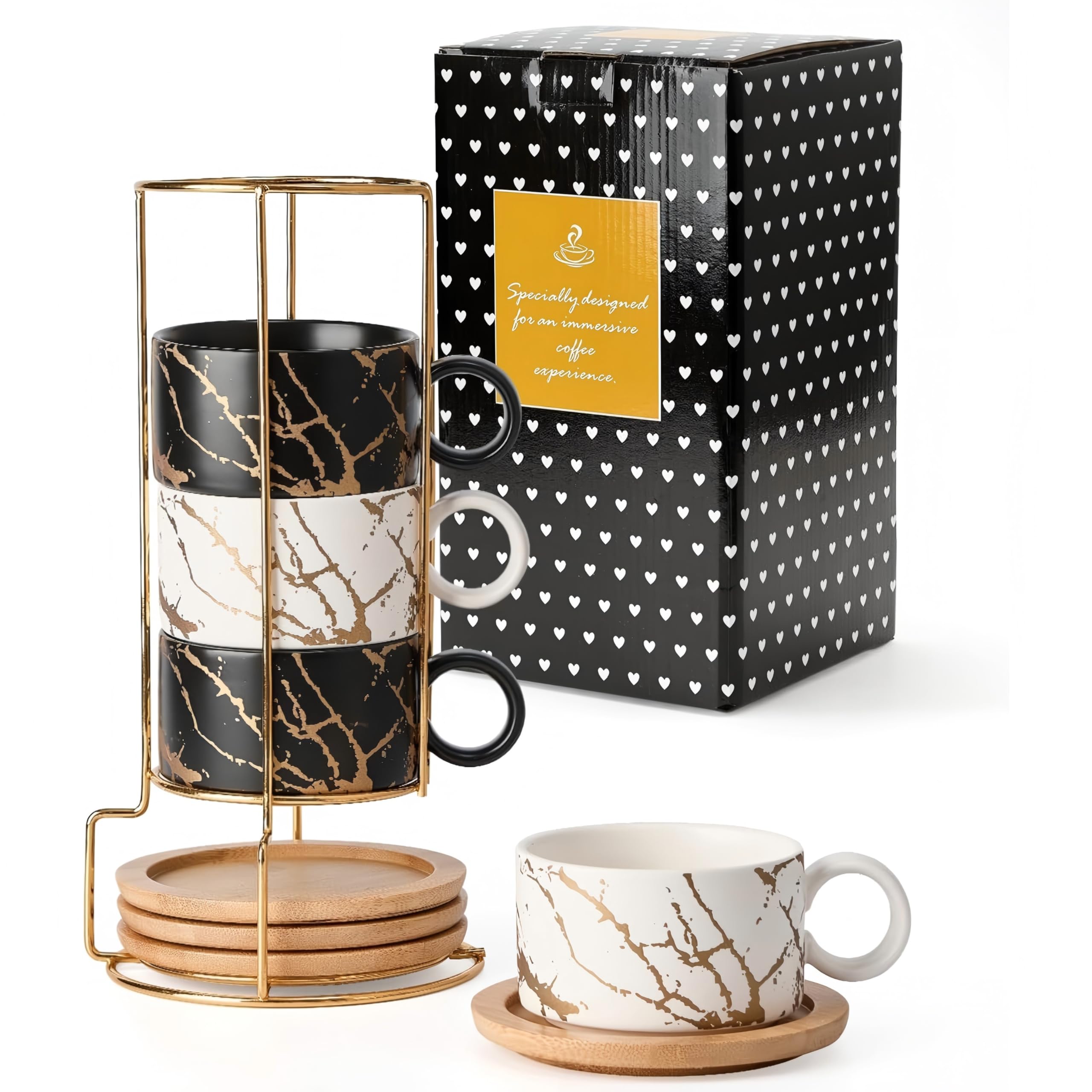 HOME DECOR Stackable Ceramic Coffee Cup -160ml Espresso Cups Set of 4 with Wood Saucers and Metal Stand for Double Espresso, Cappuccino and Latte Macchiato - Marble Collection