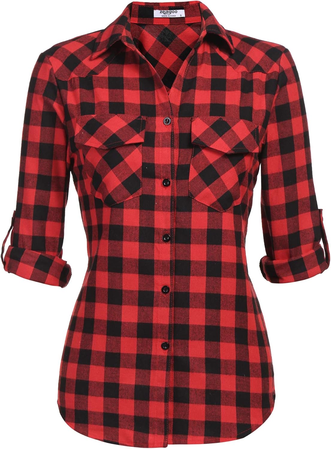 Womens Flannel Shirt Tartan Gingham Checkered Long Sleeve Button Down Plaid Shirt: Clothing