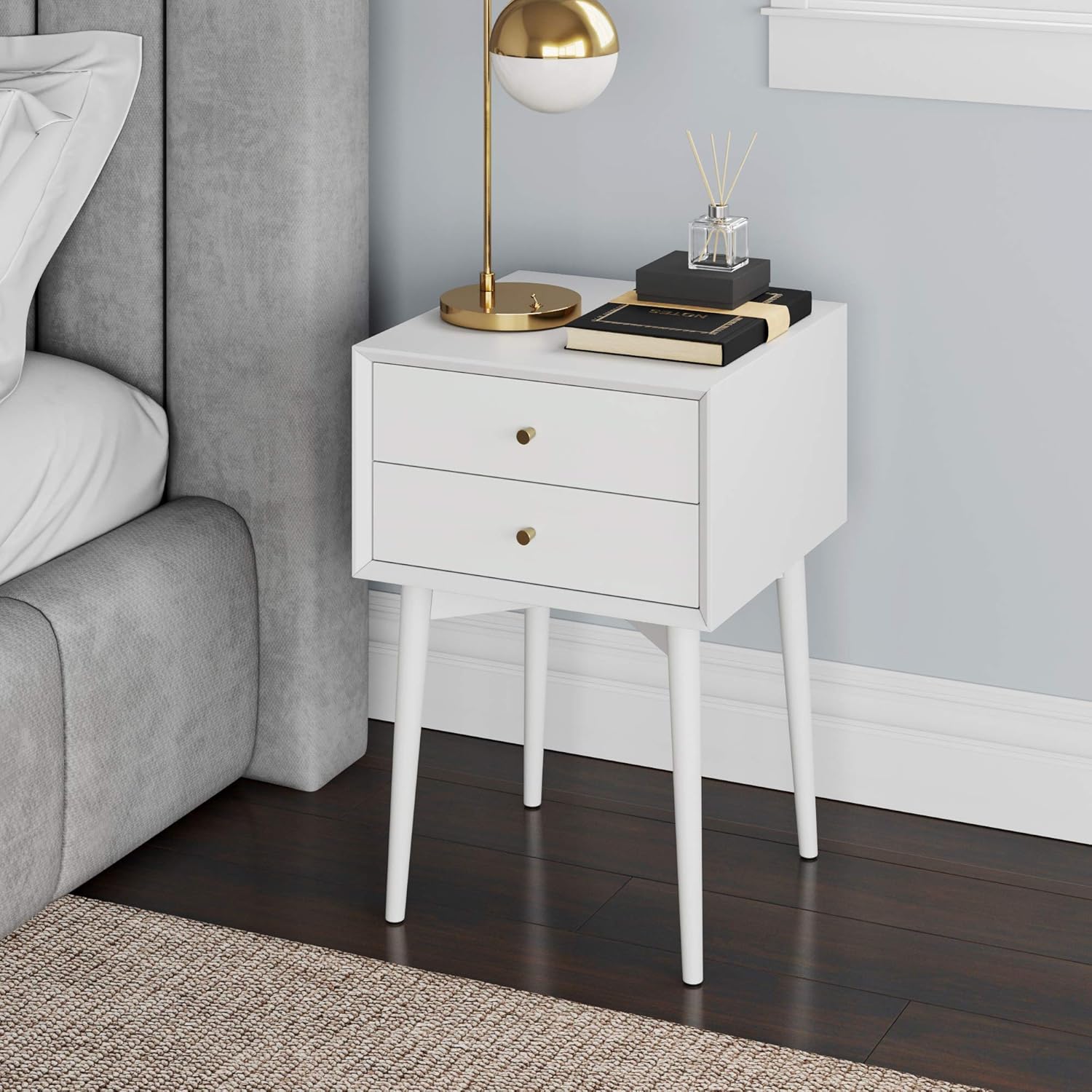 Nathan James Harper Mid-Century Modern Side Table, 2-Drawer Wood Nightstand, White: Kitchen & Dining