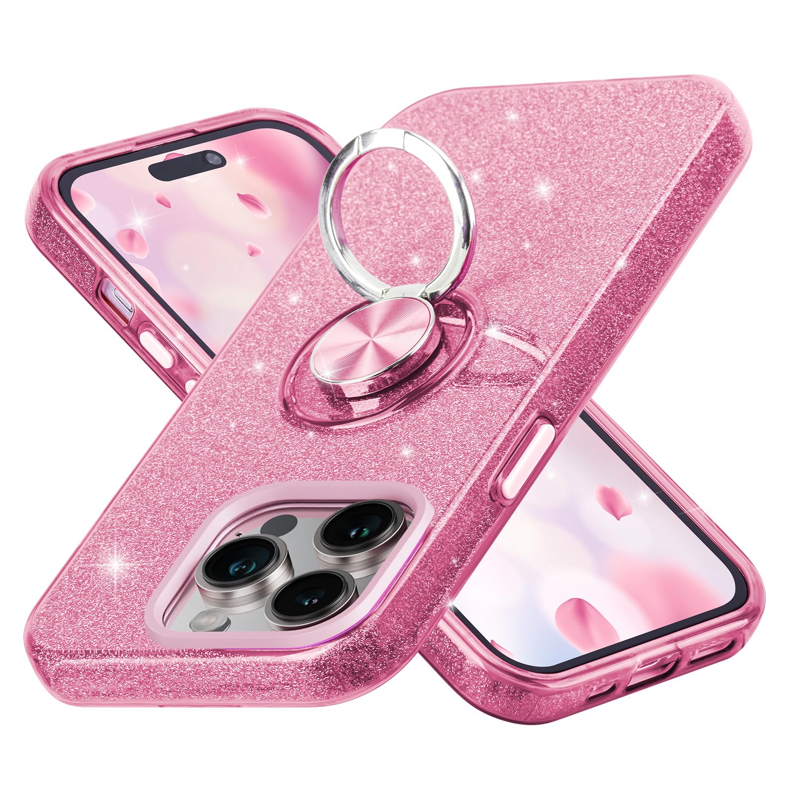 wisdompro Glitter Case for iPhone 14 Pro Max, Bling Sparkle Case with 360° Ring Kickstand for Girls Women, Cute Protective Cover for iPhone 14 Pro Max (6.7 Inch) - Pink