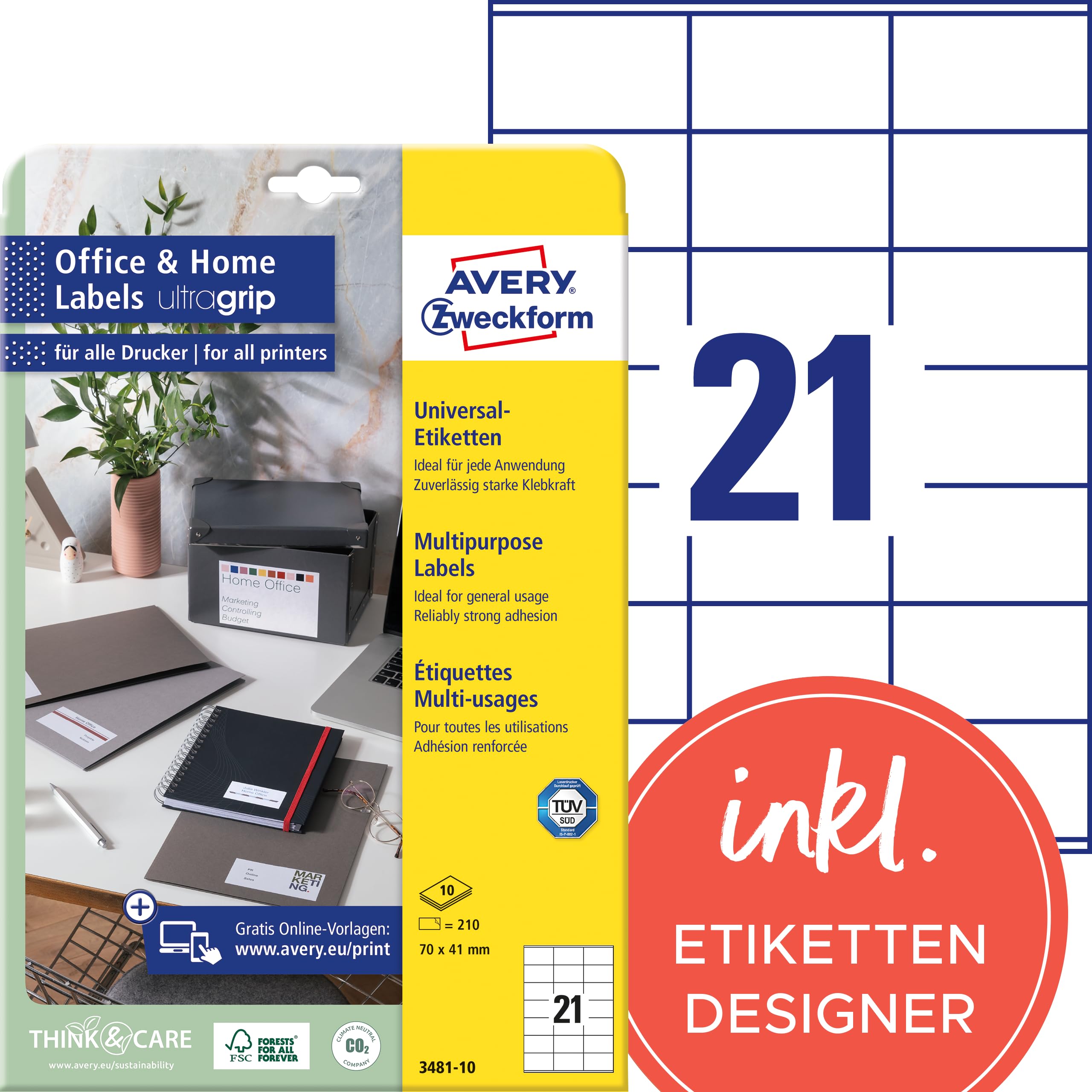 AVERY Zweckform 3481-10 Address Labels (210 Labels, 70 x 41 mm on A4, FSC, Printable Sender Labels, Self-Adhesive Labels with Ultragrip, Ideal for Home Office) 10 Sheets, White