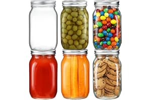 YEBODA 6 Pack Wide Mouth Mason Jars 32oz Glass Canning Jars with Airtight Lids and Bands for Preserving, Jam, Honey, Jelly, Wedding Favors, Sauces, Meal Prep, Overnight Oats, Salad, Yogurt