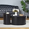NVETHM Round Coffee Table, Nesting Coffee Table Set of 2, Circle Side Table, Round Wooden Coffee Table for Living Room, Office, Balcony (Black)