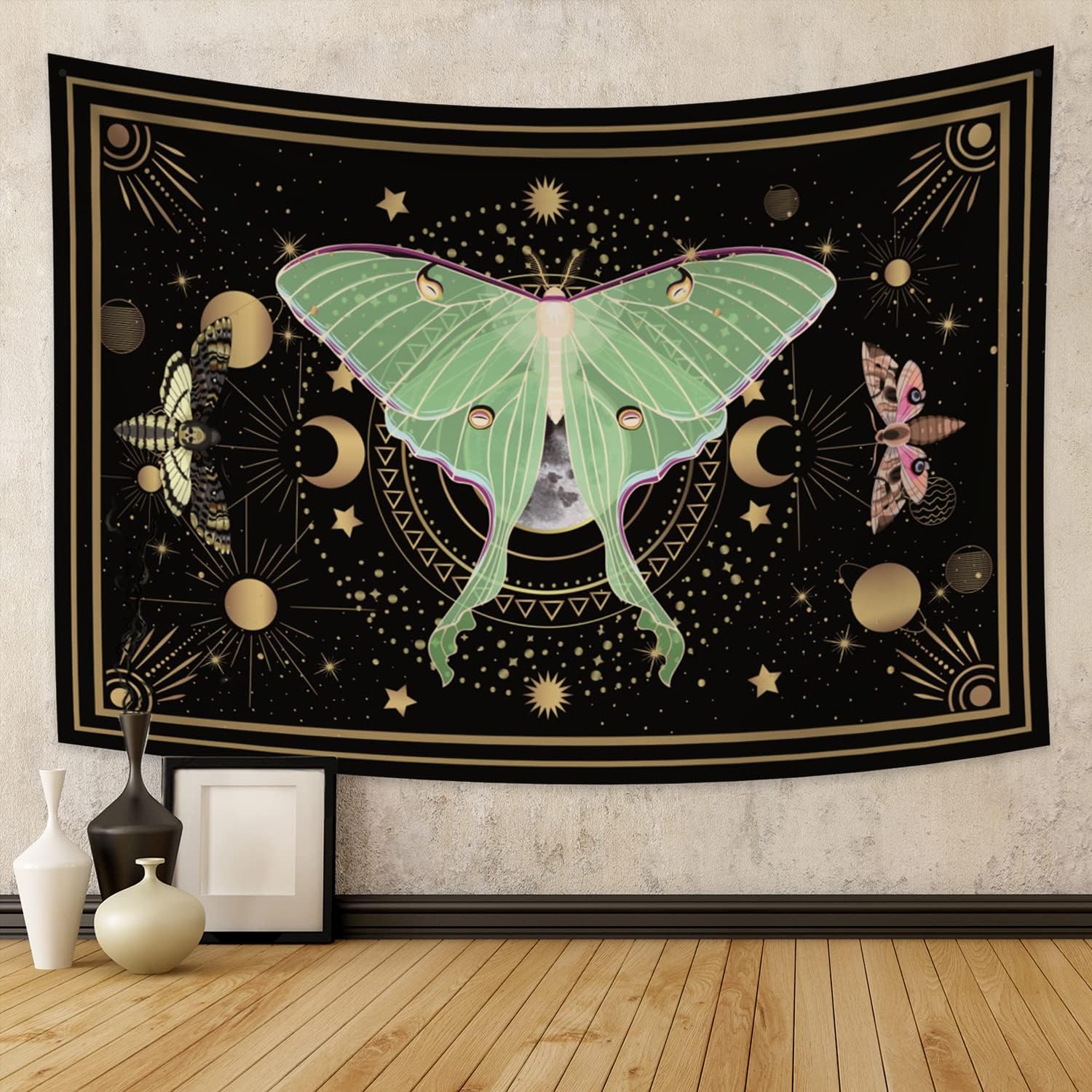Tapestries - Green Butterfly Tapestry for Bedroom Luna Moth Wall Tapestry Aesthetic Moon Phase Tapestry Wall Hanging Celestial Stars Tapestry for Living Room Home Wall Decor, 59