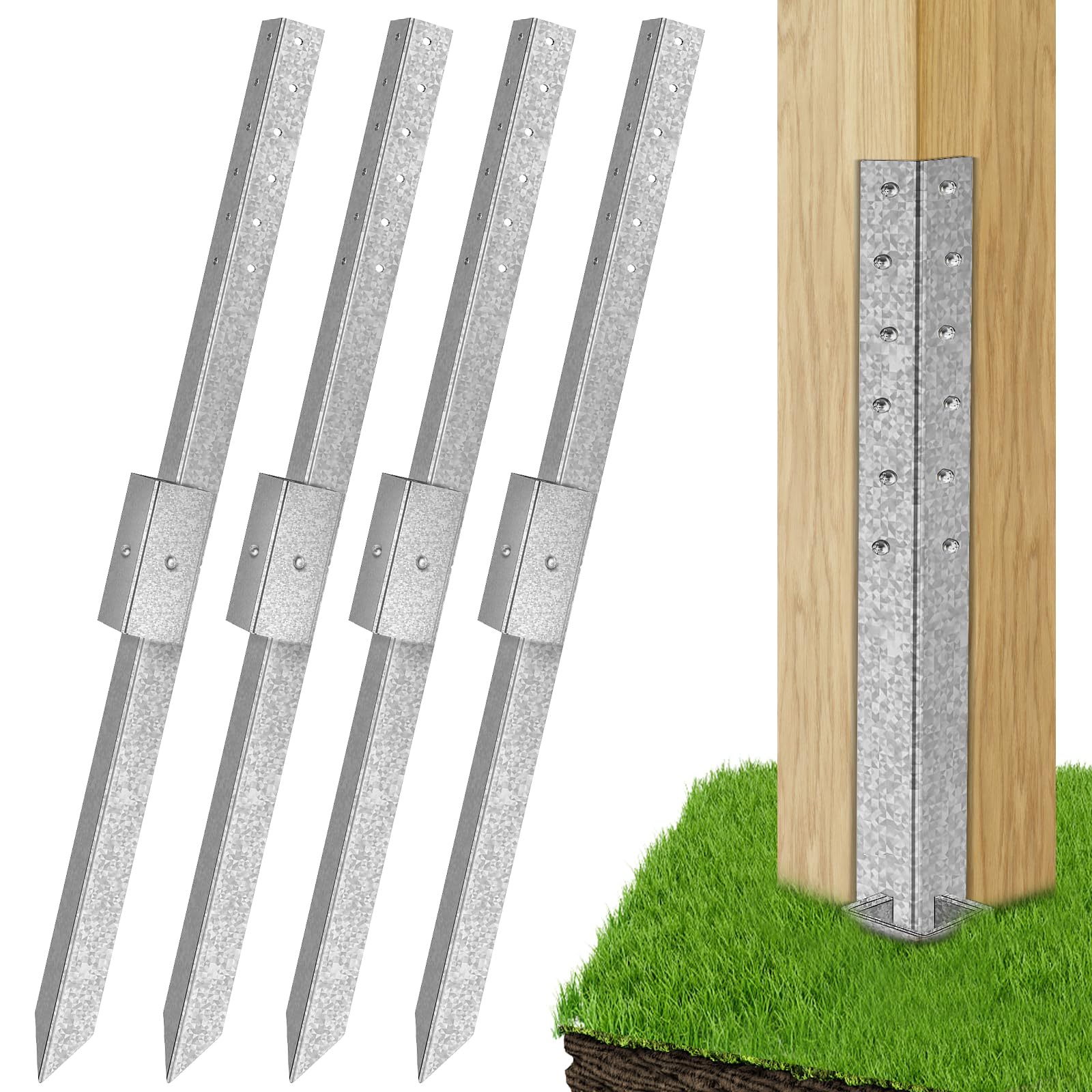 Pack of 4 Fence Post Repair - 2025 New Upgraded Fence Post Anchor Ground Spike for Repair Tilted/Broken Wood Fence Post, Easy to Install & Double Firm