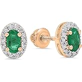 Dazzlingrock Collection Oval Emerald & Round White Natural Diamond Women Halo Fashion Stud Earrings, in Real Solid Gold