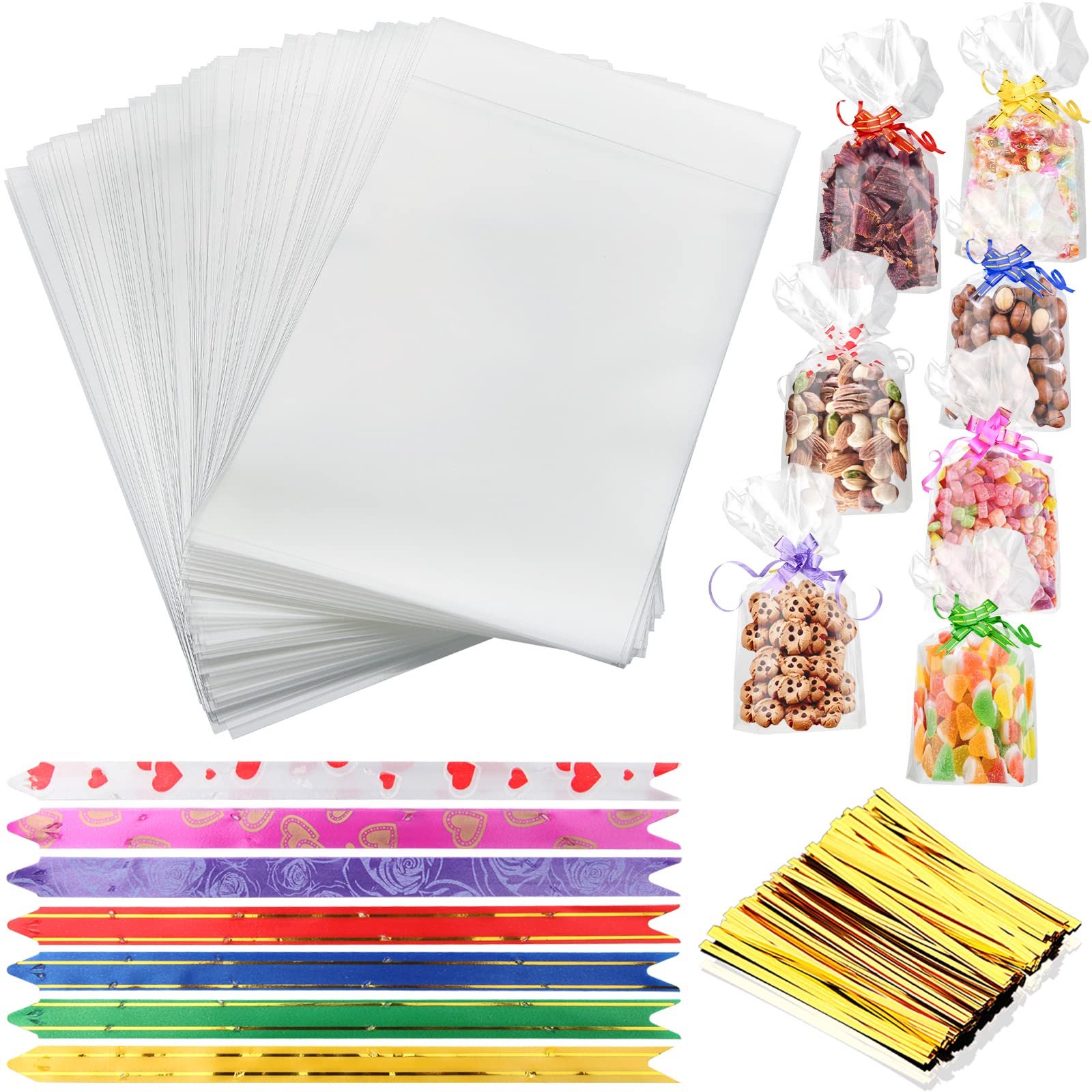 Cellophane bag 150 pcs Sweet bags 25 * 15cm Gift Clear Plastic Bags With assorted pull bows Twist Ties Treat Bags Party Empty for Cookies Sweets Biscuit Candy Floss Gift bag