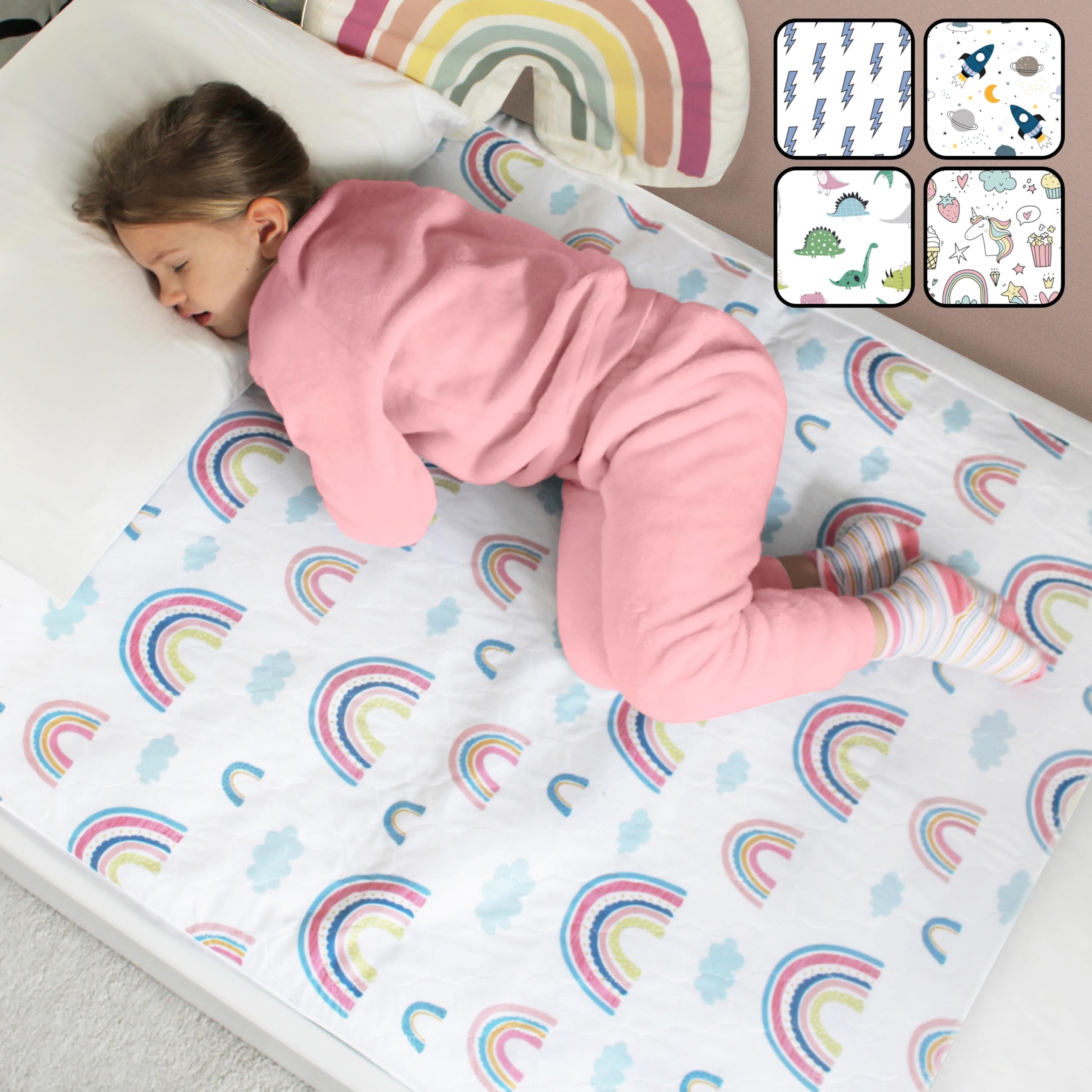 Hygge Sheets® Potty Training Bed Pads | 2Pack | 100% Waterproof | Bed Wetting Sheets for Single and Toddler Beds | Non Slip, Easy to Change at Night | Includes Free E-Book | UK Brand | Rainbow
