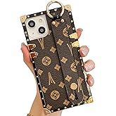 TRODINO Rectangle Leather Compatible with iPhone 14 Case with Wristband Strap, Luxury Designer Case for Women Girls, Holder Kickstand Protective Cover 6.1” (Brown)