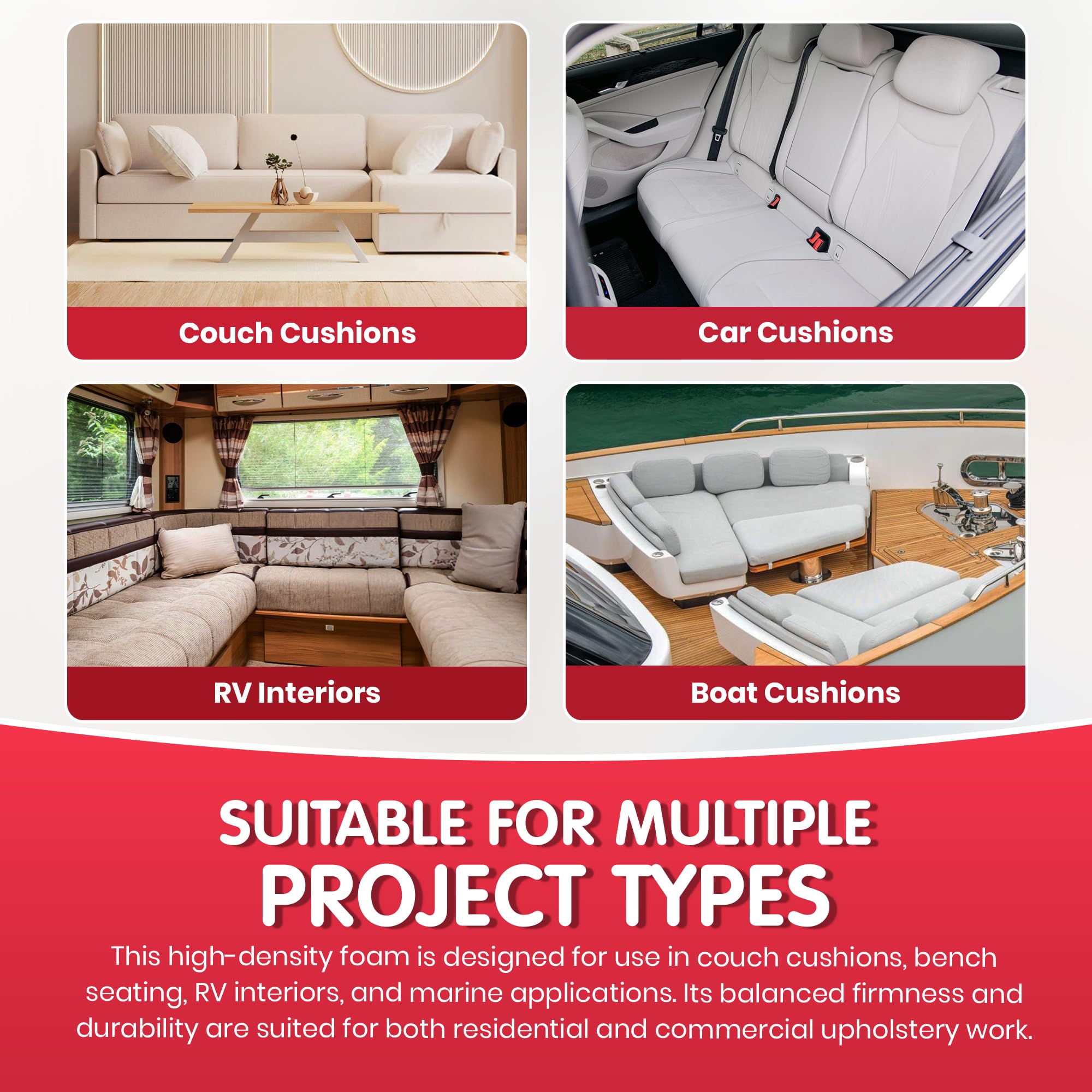 Foamy Foam High Density 5 inch Thick, 24 inch Wide, 24 inch Long Upholstery Foam, Cushion Replacement