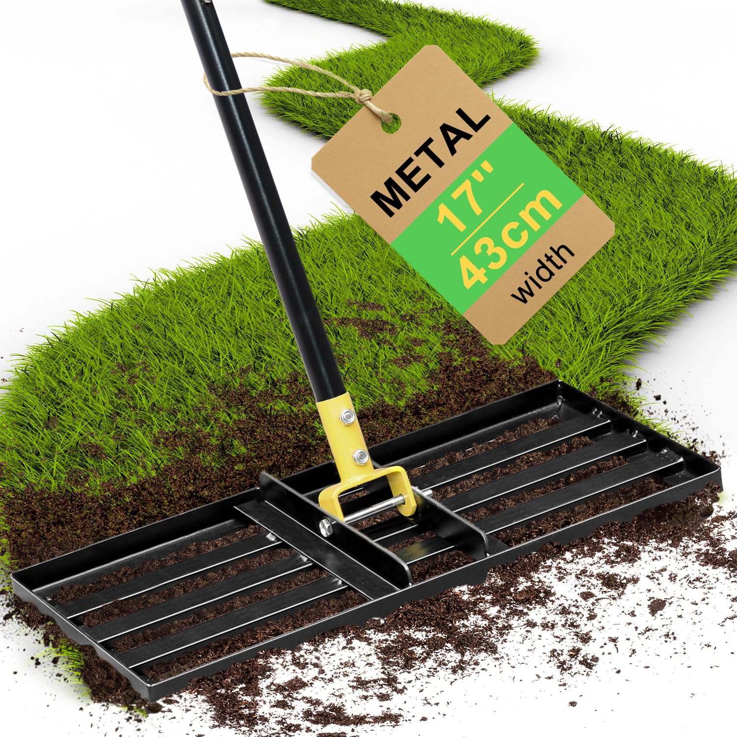 Colwelt Lawn Leveling Rake, Lawn Leveler Lute with 195cm Ergonomic Curved End Grip Handle, Lawn Lute Levelling Rake for Grass Soil, Garden Lawn Leveler for Leveling Out Topsoil Easily