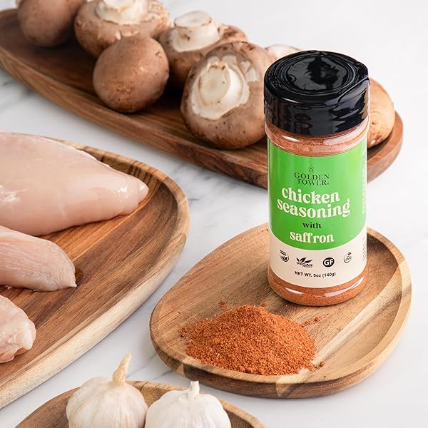 CHICKEN SEASONING WITH SAFFRON – 100% NATURAL HERBS AND SPICES, POULTRY SEASONING, NON-GMO, NO-MSG, GLUTEN FREE, NATURAL INGREDIENTS BY GOLDEN TOWER – 5OZ PACK – 140G
