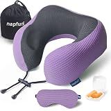 napfun Neck Pillow for Traveling, Upgraded Travel Neck Pillow for Airplane 100% Pure Memory Foam Travel Pillow for Flight Headrest Sleep, Portable Plane Accessories, Light Purple Striped Kit