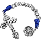 TALISMAN4U One Decade Paracord Pocket Rosary 10mm Silver Beads St Benedict Medal Pardon Crucifix Catholic Rosaries Chaplet with Linen Pouch & Prayer Card Religious Gift