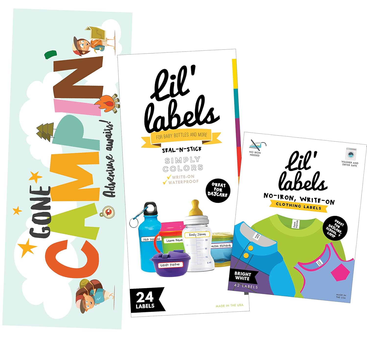 Camp Labels Value Pack - Write On Name Labels, Waterproof Labels for Camp Basics and Clothing, Includes Gone Campin' Sign and Camp Packing Checklist