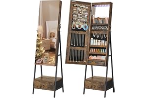 SONGMICS LED Cabinet Standing, Lockable Jewelry Armoire with Full-Length Mirror, Space-Saving Jewelry Organizer with Mirror, Bottom Drawer, Gift Idea, Christmas Gifts, Rustic Brown UJJC025X01
