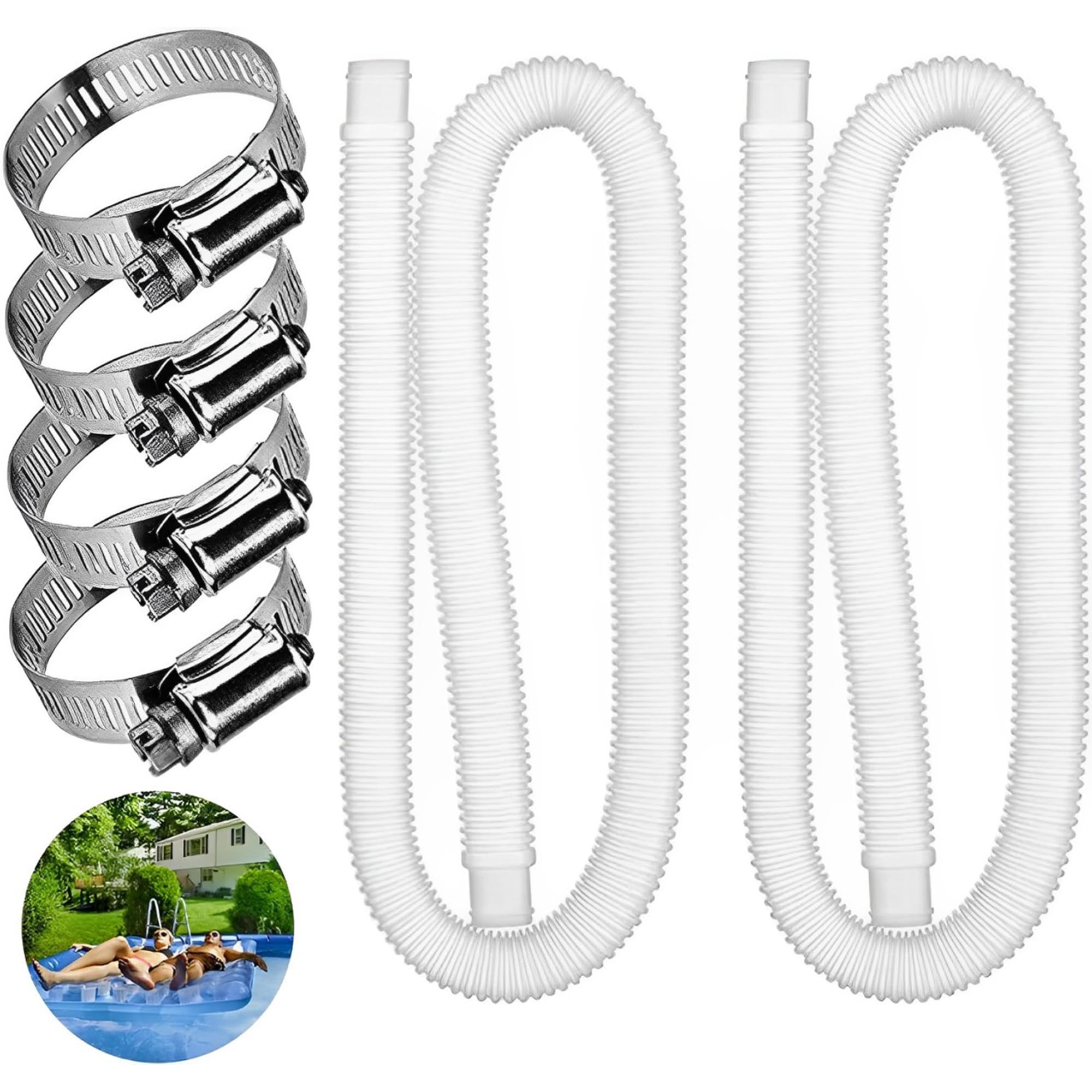 2 Pcs Swimming Pool Hose Replacement Hose Pool Filter Replacement Pipe Accessories Replacement Hose for Above Ground Pools for Swimming Pool Filter Pump Replacement Hose with 4 Metal Clamps