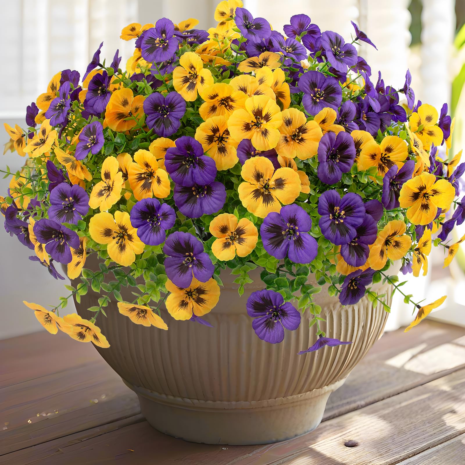 Rowfad 36 Pcs Artificial Fake Pansy Flowers for Outdoor, Faux UV Resistant Silk Pansies Flowers for Outside Planter Front Door Porch Yard Patio Window Box Home Decor (36, Yellow,Purple)