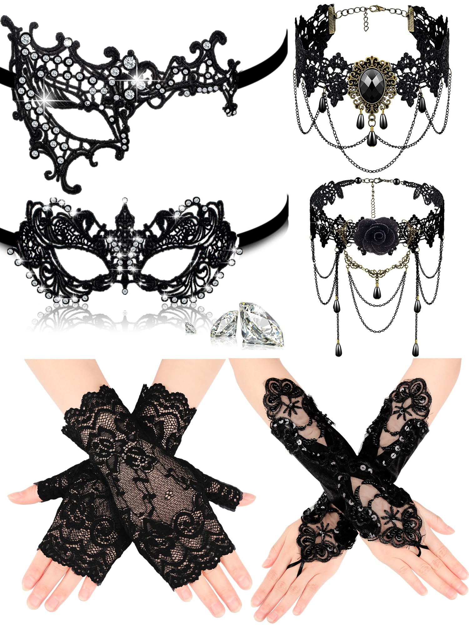 Photo 1 of Newcotte 6 Pcs Halloween Masquerade Mask Set Include Lace Mask, Lace Choker Necklace, Gloves for Cosplay Party 80s 90s(Modern Style)