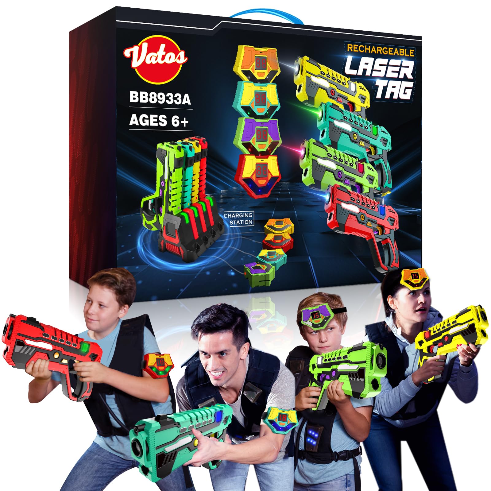 VATOS Rechargeable Laser Tag Game for Kids - Laser Guns 4 Player Pack with Receivers, 2.4 GHz Data SYNC Display Infrared Lazer Blaster, Group Activity Fun Toy for Boy Girl Aged 6-12+ Teen Adults
