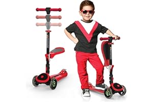SKIDEE Kick Scooters for Kids Ages 3-5, Adjustable Height Foldable Scooter with Removable Seat, 3 LED Light Wheels, Rear Brake, Wide Standing Board, Suitable Up to 12 Year Old Boys/Girls