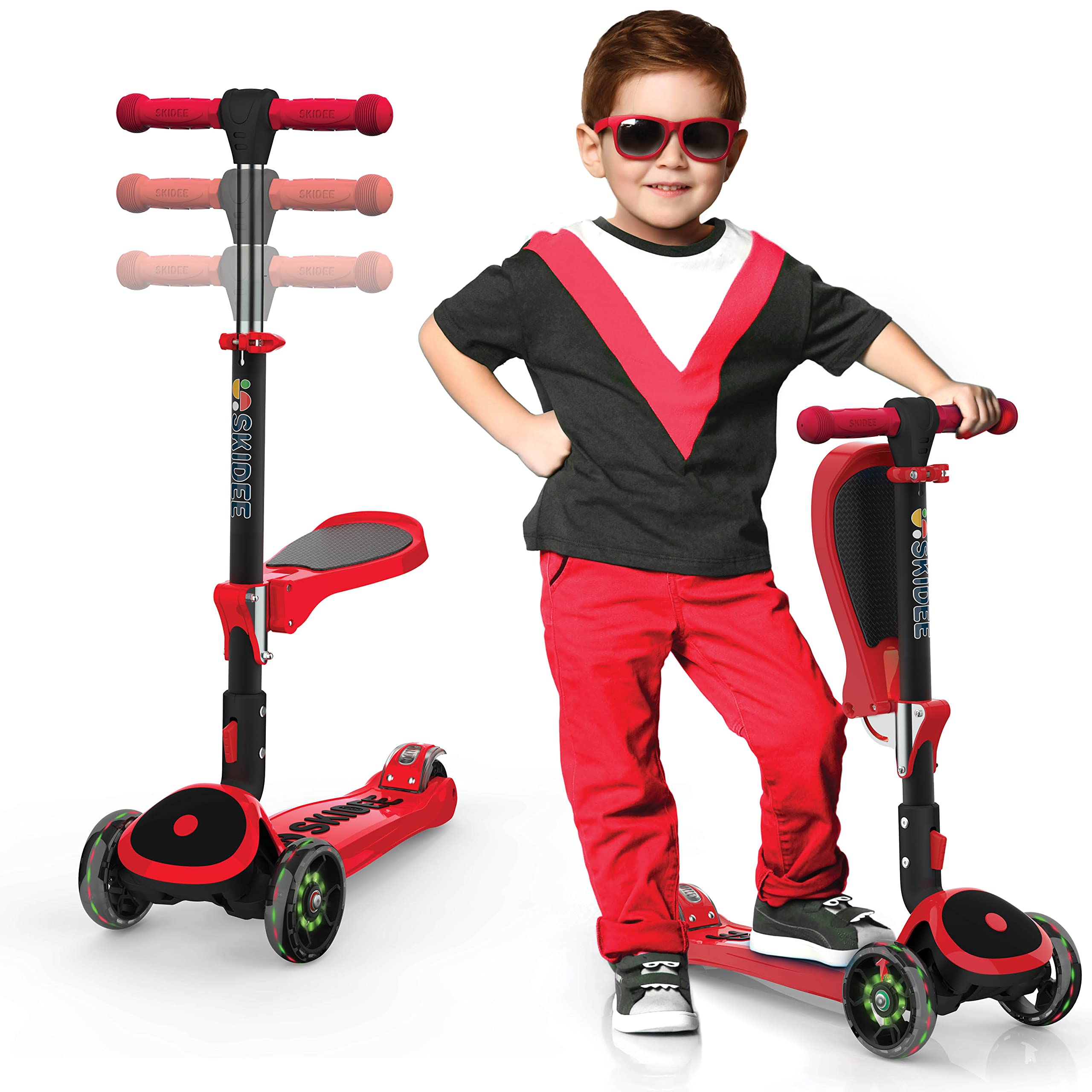 SKIDEE Kick Scooters for Kids Ages 3-5, Adjustable Height Foldable Scooter with Removable Seat, 3 LED Light Wheels, Rear Brake, Wide Standing Board, Suitable Up to 12 Year Old Boys/Girls