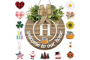 YUNKKIN Interchangeable Seasonal Monogram Letter H Welcome Sign Front Door Decor Wooden Wreaths for Front Door Wreath Rustic Initial House Warming Porch Wall Home Decorations for All Seasons