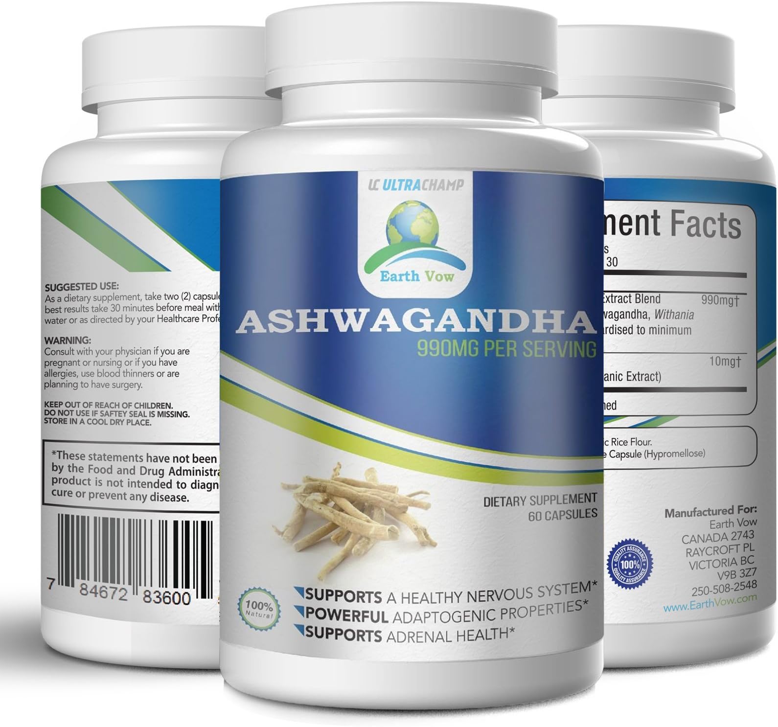 Ashwagandha by Earth Vow Supplements – 1000MG Pure Organic Ashwagandha Root Powder - 2 Veggie Capsules Per Serving – Premium Plant Extract Powder for Sleep and Rejuvenation – Try Risk Free Today!