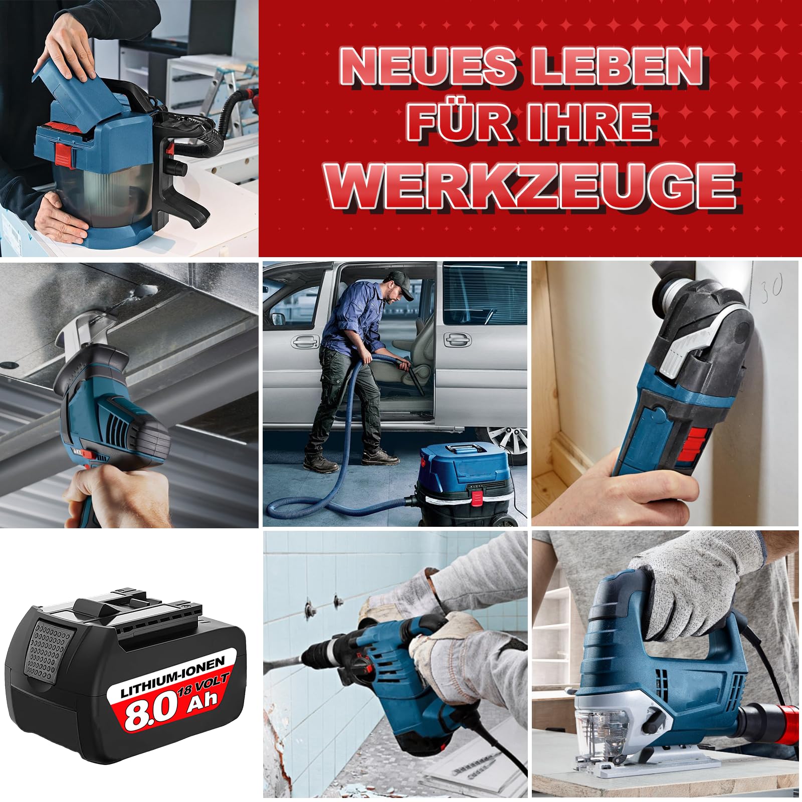2 Stück 8000mAh 18V Lithium-Ionen Ersatzakku für Bosch Akku Kompatibel mit Bosch 18V Akku Serie BAT609 BAT609G BAT618 BAT618G BAT619 mit LED-Ladeanzeige für Bosch Professional Werkzeuge (2P) 7