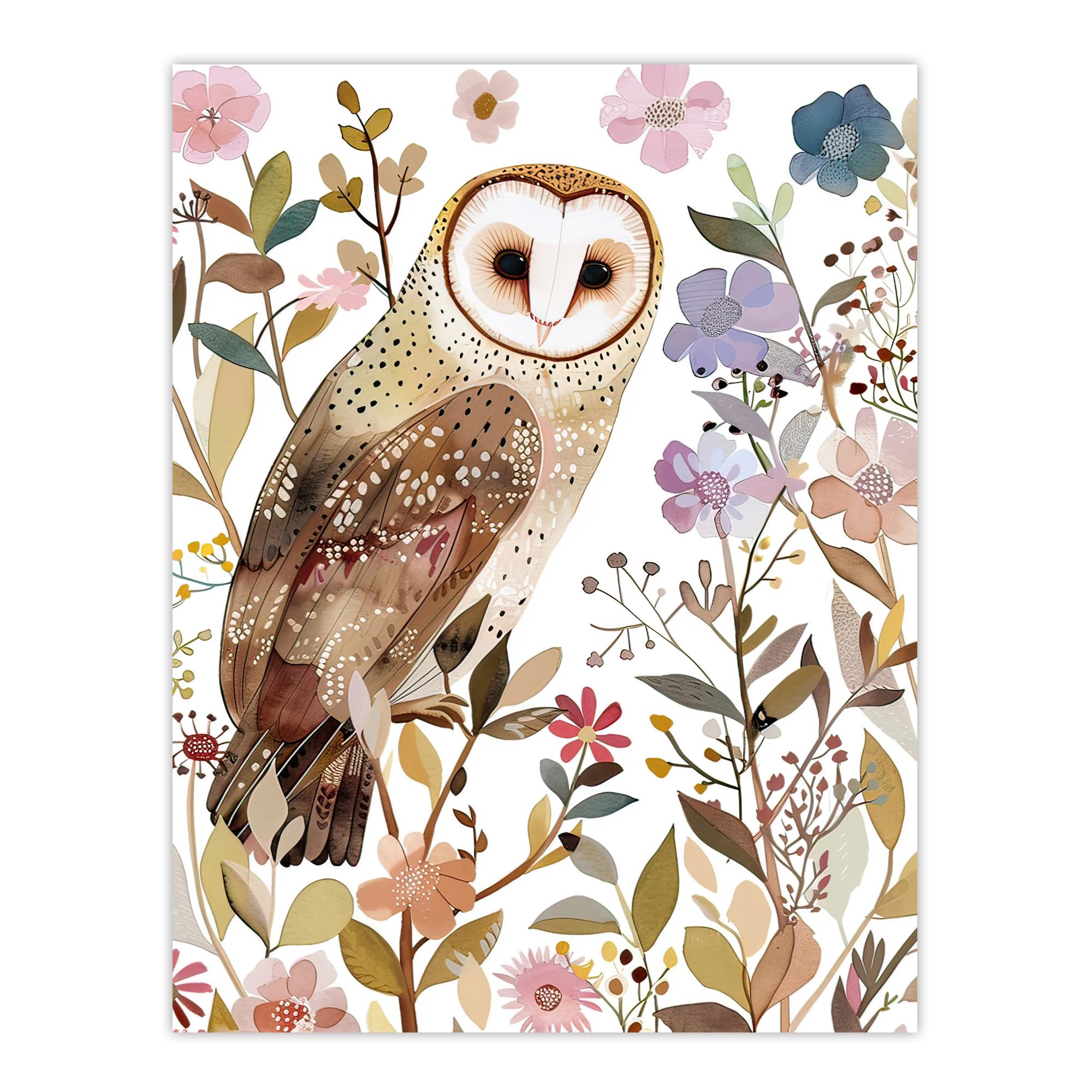 Artery8 Barn Owl Bird with Wildflowers Floral Watercolour Living Room Extra Large XL Wall Art Poster Print