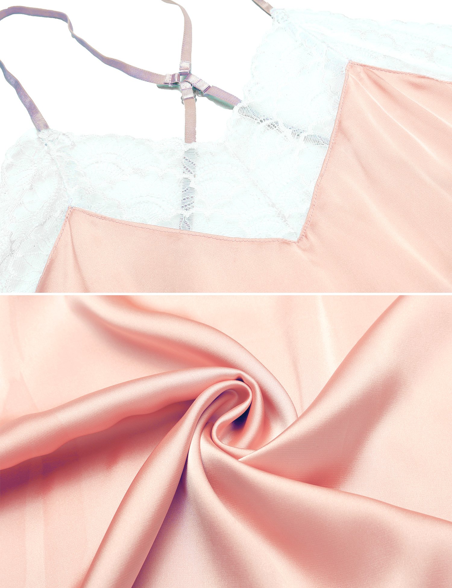 Ekouaer Sexy Lace Chemise Nightgown Strappy Satin Sleepwear For Women,Medium,Pink