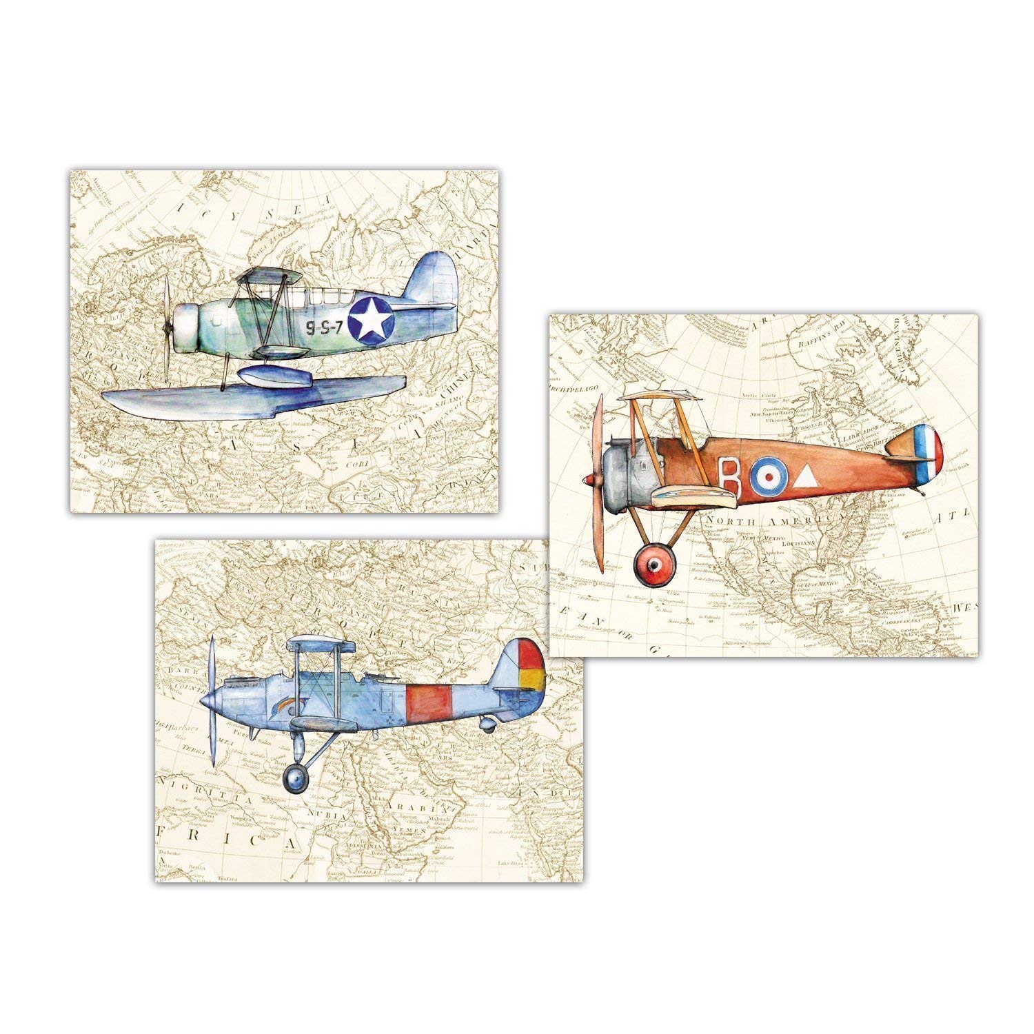 Amazon Com Vintage Airplane World Map Set 3 Prints Nursery Decor