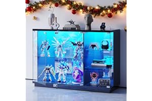 Lvifur Glass Display Cabinet with Lock & LED Light, High Gloss Sideboard with Human Body Sensor & Glass Shelves for Toys, Books, Collectibles, Liquor, Bookcase for Living Room, Kitchen, Study, Black