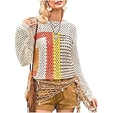 MakeMeChic Women's Hollow Out Crochet Sweater Crew Neck Long Sleeve Knit Pullover Tops