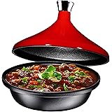 Bruntmor Fire Red Cast Iron Moroccan Tagine 4-Quart Cooking Pot with Silver knob, Enameled Base and Cone-Shaped Ceramic Lid,