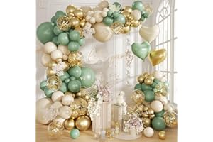 FUTUREFERRY 160Pcs Sage Green Gold Balloon Garland Arch Kit, Olive Green White Sand Gold Confetti Balloon with Heart Foil Balloons for Baby Shower Birthday Wedding Engagement Party Decorations