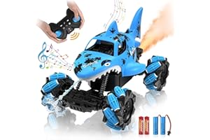 EULOGIA 1:14 Shark Toy with Water Shooting Spray, Programming Remote Control Shark, Slides, 360-degree Rotations, Drifts, One-key Demo, Features Lights & Sounds, All Terrains Monster Truck for boys 5-7(Blue)