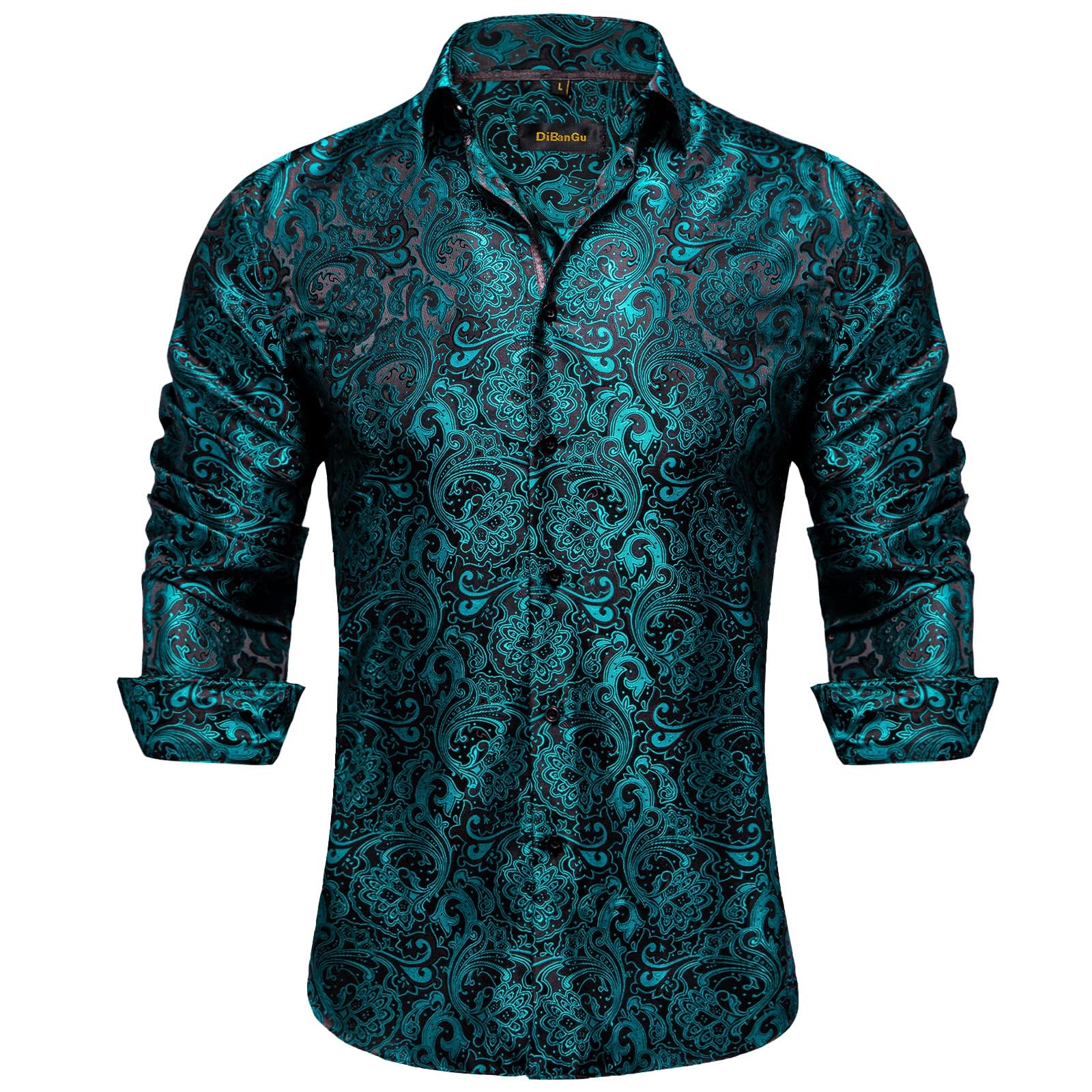 DiBanGu Mens Silk Paisley Dress Shirts,Long Sleeve Button Down Shirt Casual Regular Fit Shirt for Men Wedding Party, Black and Teal, 3X-Large Image