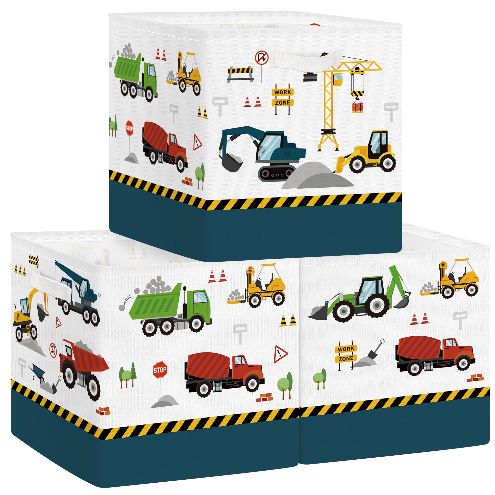 Clastyle 3 pcs Cars Cube Storage Unit Boxes Foldable Kallax Box for Shelves Parents Storage Baskets for Book Clothes Toy Organizer,Construction Vehicle,11.8x11.8x11.8 in