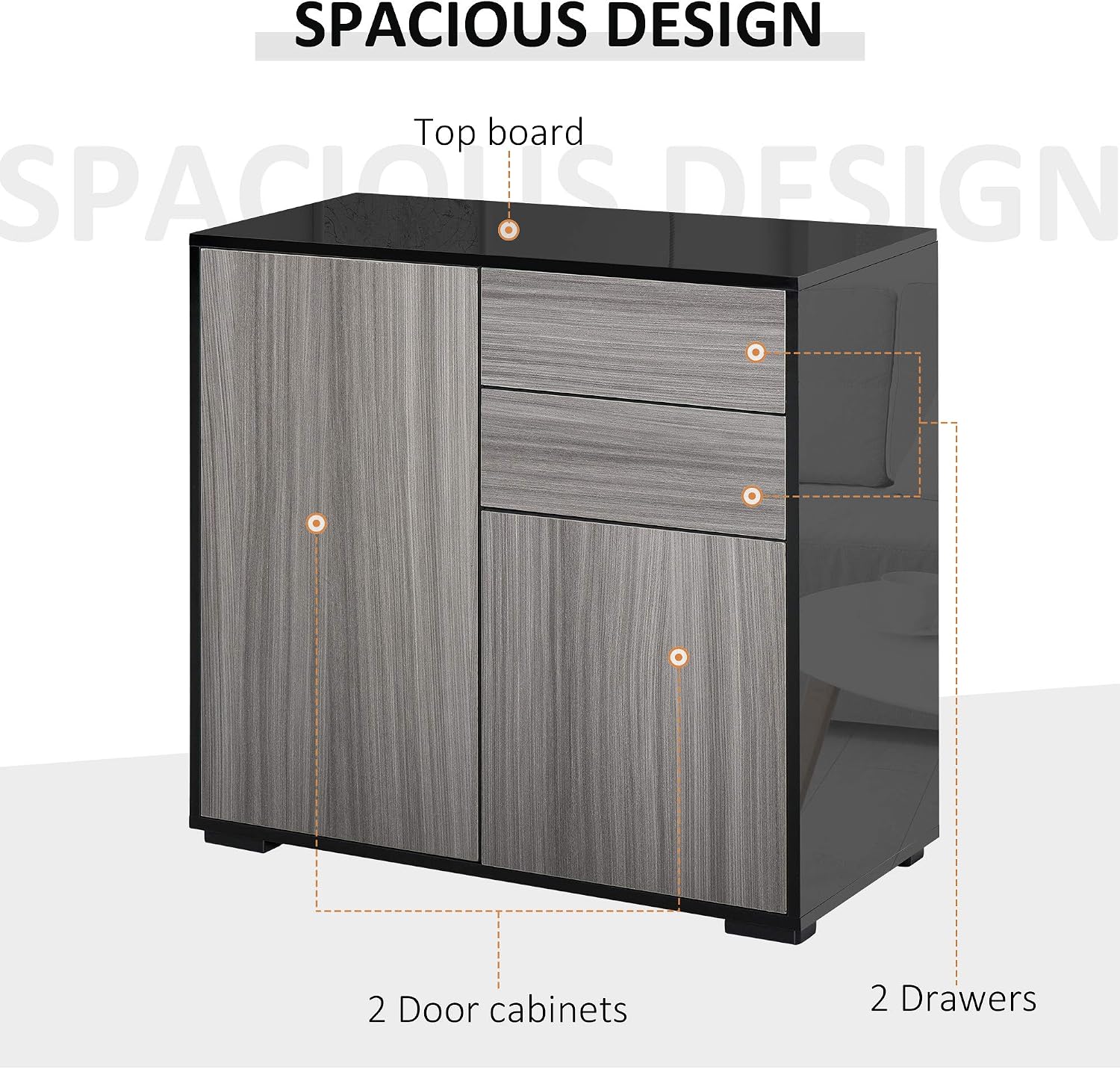 HOMCOM High Gloss Frame Sideboard, Side Cabinet, Push-Open Design with 2 Doors for Living Room Bedroom, Light Grey and Black - Image 5