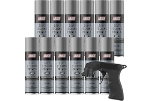 LAUCO Self Etching Primer Grey Aerosol Spray Can With Aerosol Spray Gun - Pack of 12 - Automotive and Industrial Primer - Great for use on Bare Metal Areas Before applying Truck Bed Liner