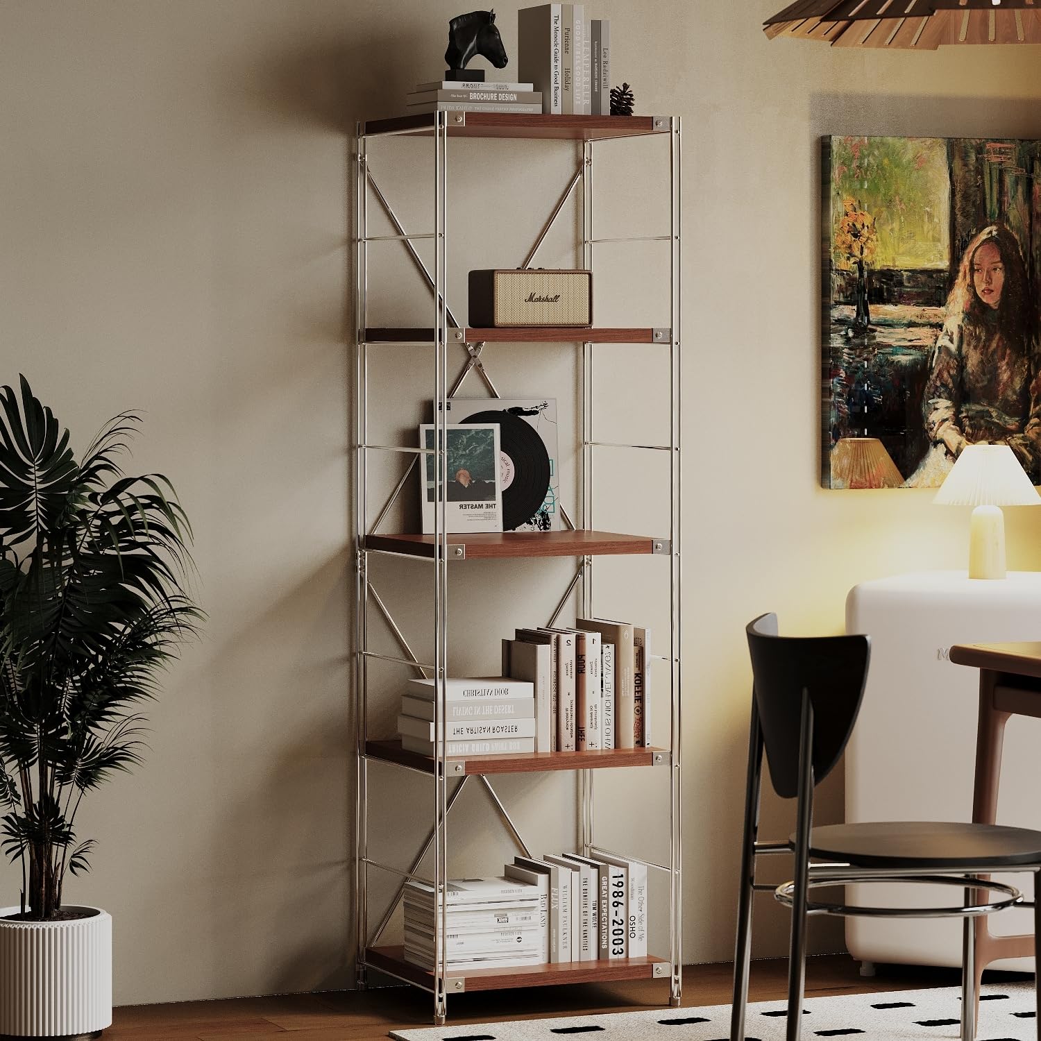 Photo 1 of **MISSING PARTS**Achene 5-Tier Industrial Bookshelf, Storage Bookcase for Living Room, Bedroom, Home Office, and Kitchen, Dark Walnut, 17"x20"x67" Inches