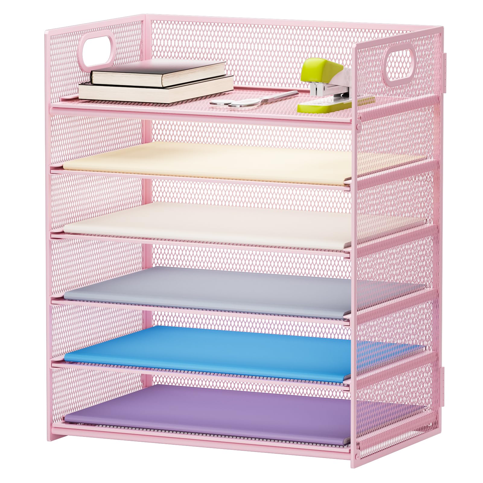 Photo 1 of Marbrasse 6 Tier Paper Organizer Letter Tray - Mesh Desk File Organizer with Handle, Paper Sorter for Letter/A4 Office File Folder Holder -Pink