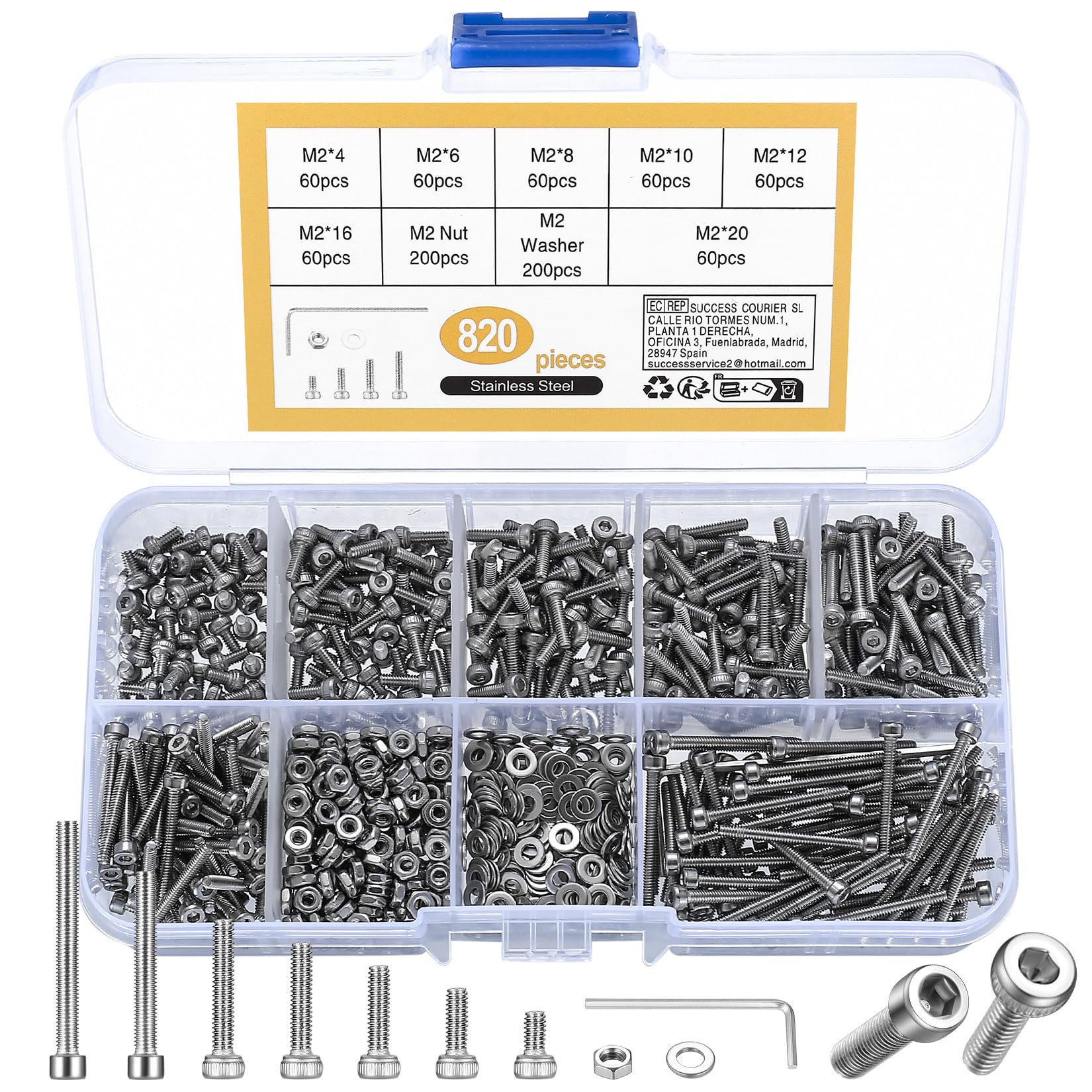 820 Piece M2 Hex Socket Screw Set, 304 Stainless Steel Hex Head Machine Screws Nuts and Washers Assortment with Allen Wrenches