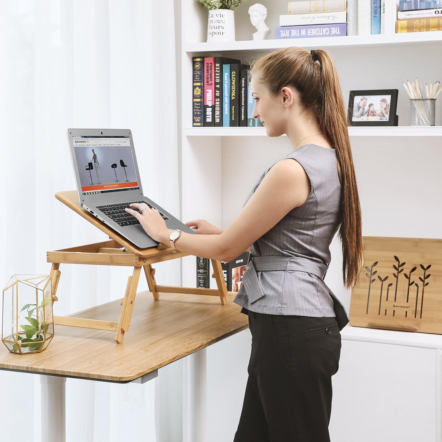 SONGMICS Bamboo Laptop Desk, Foldable Bed Table, Height Adjustable Sofa Tray, with 5 Tilting Angles, Air Holes, Small Drawer - Image 4